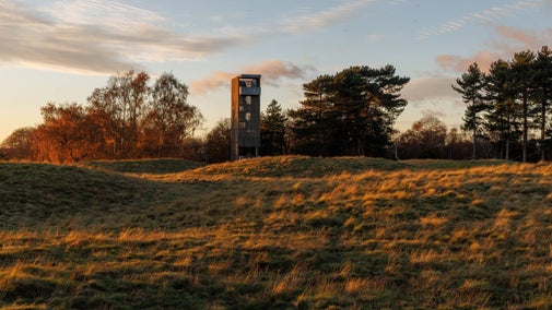 The viewing tower at Sutton Hoo bathed in beautiful autumn sunlight